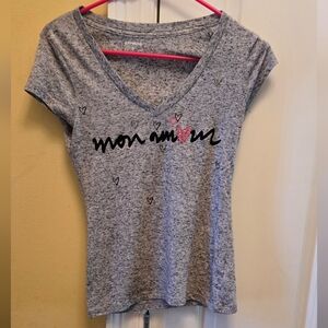 Express Womens Gray Mon AmourTee With Crystals On The Heart. V-neck